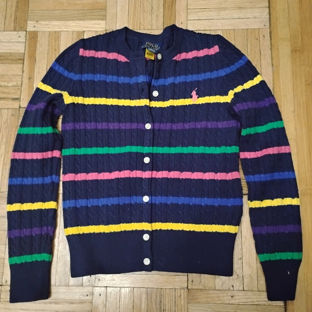 Polo by Ralph Lauren Navy Cable-Knit Striped Cardigan Sweater 1 Extra Sweater🩷